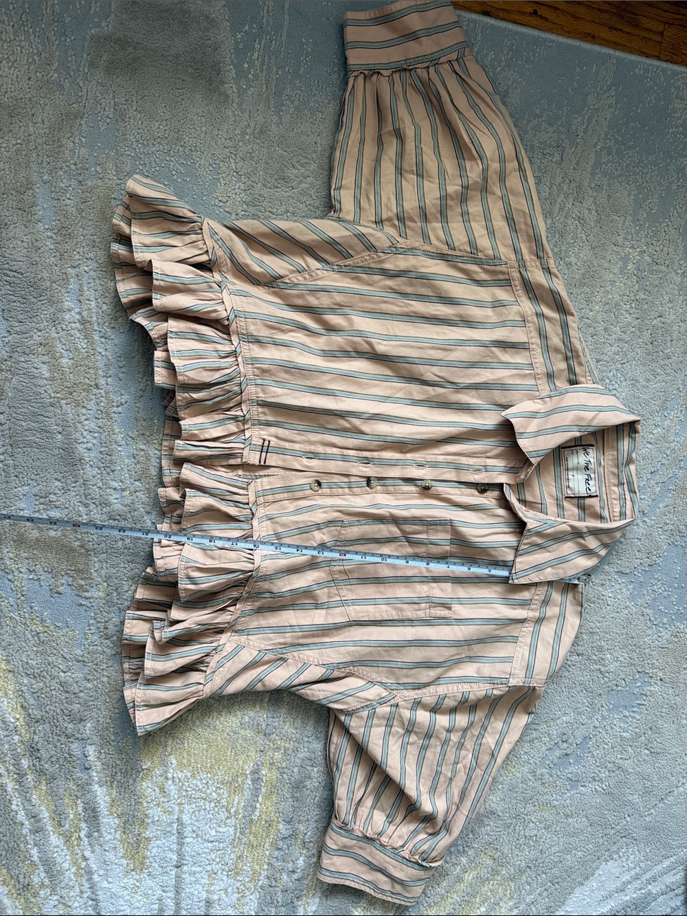 Free People Peach and Green Striped Ruffle-Hem Button Down Top